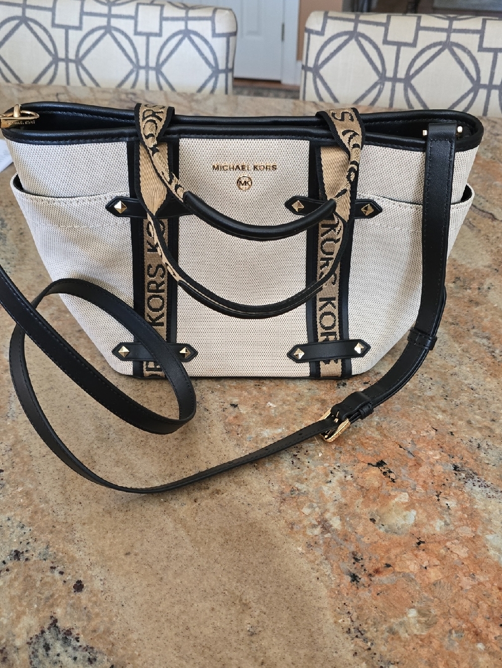 Michael Kors Cream Canvas Tote with Black Trim and Logo Straps